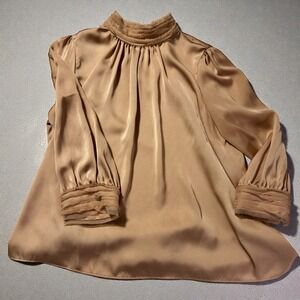 Camel Satin High Neck Blouse Puff Sleeve Minimalist Romantic Top M Zara